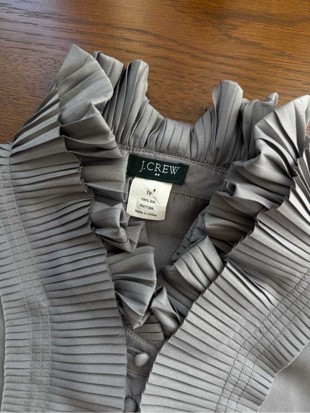 J. Crew Gray Pleated Ruffle Silk Blouse